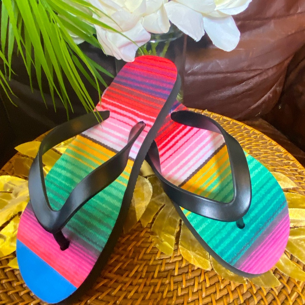 Serape Olé striped flip flops Mexican multi-colored stripes beach pool sandals
